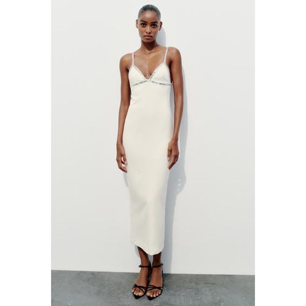 Nwt ZARA White Jewel Rhinestone Spaghetti Strap Pencil Cut Midi Dress Size XL